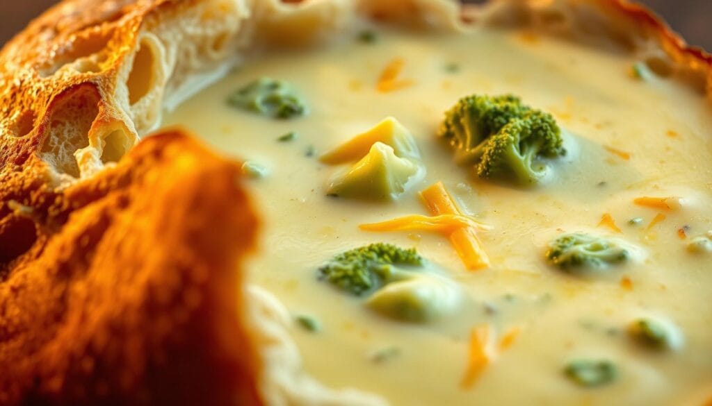 creamy broccoli cheese soup served in a bread bowl